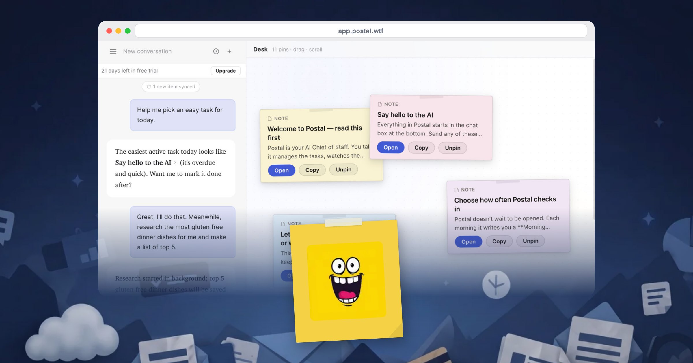 Postal on the desktop: chat on the left, Post-it notes on the desk