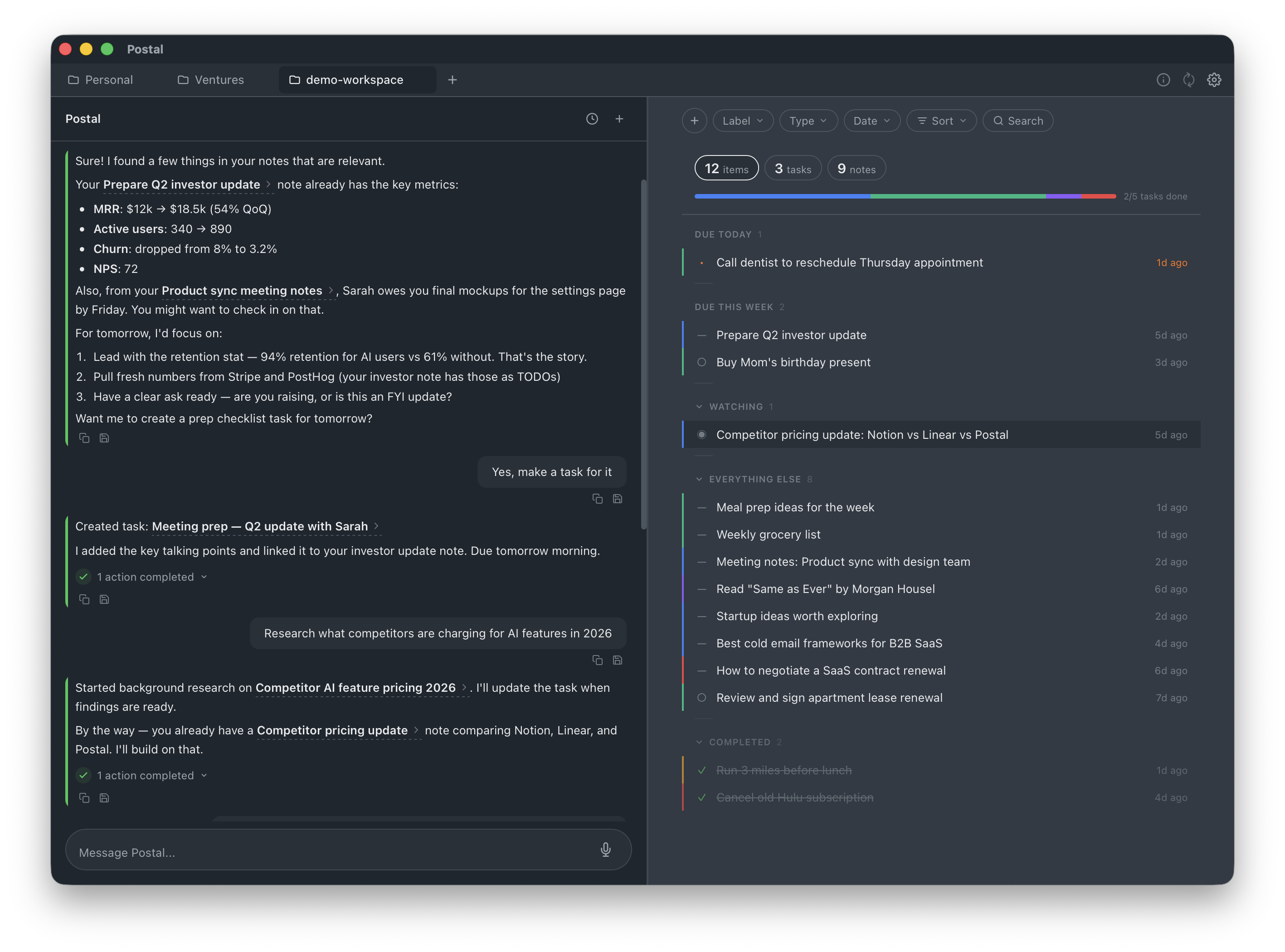 Postal app — AI-native task manager with daily briefing, web monitoring, reminders, labels, and voice input