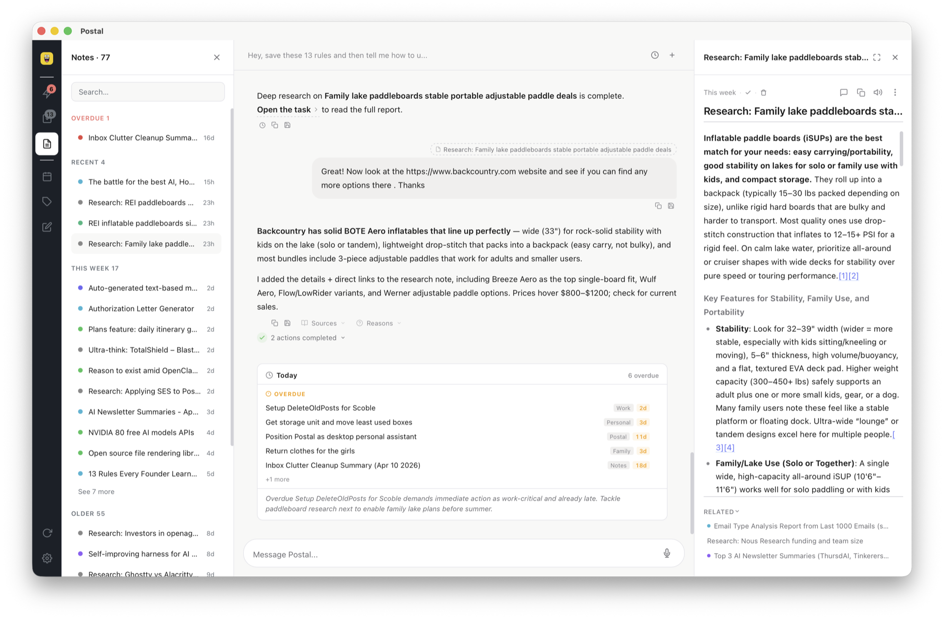 Postal app — chat with your AI, automatic background research, all your notes and tasks in one place, color-coded labels with smart reminders, and a single input that does everything