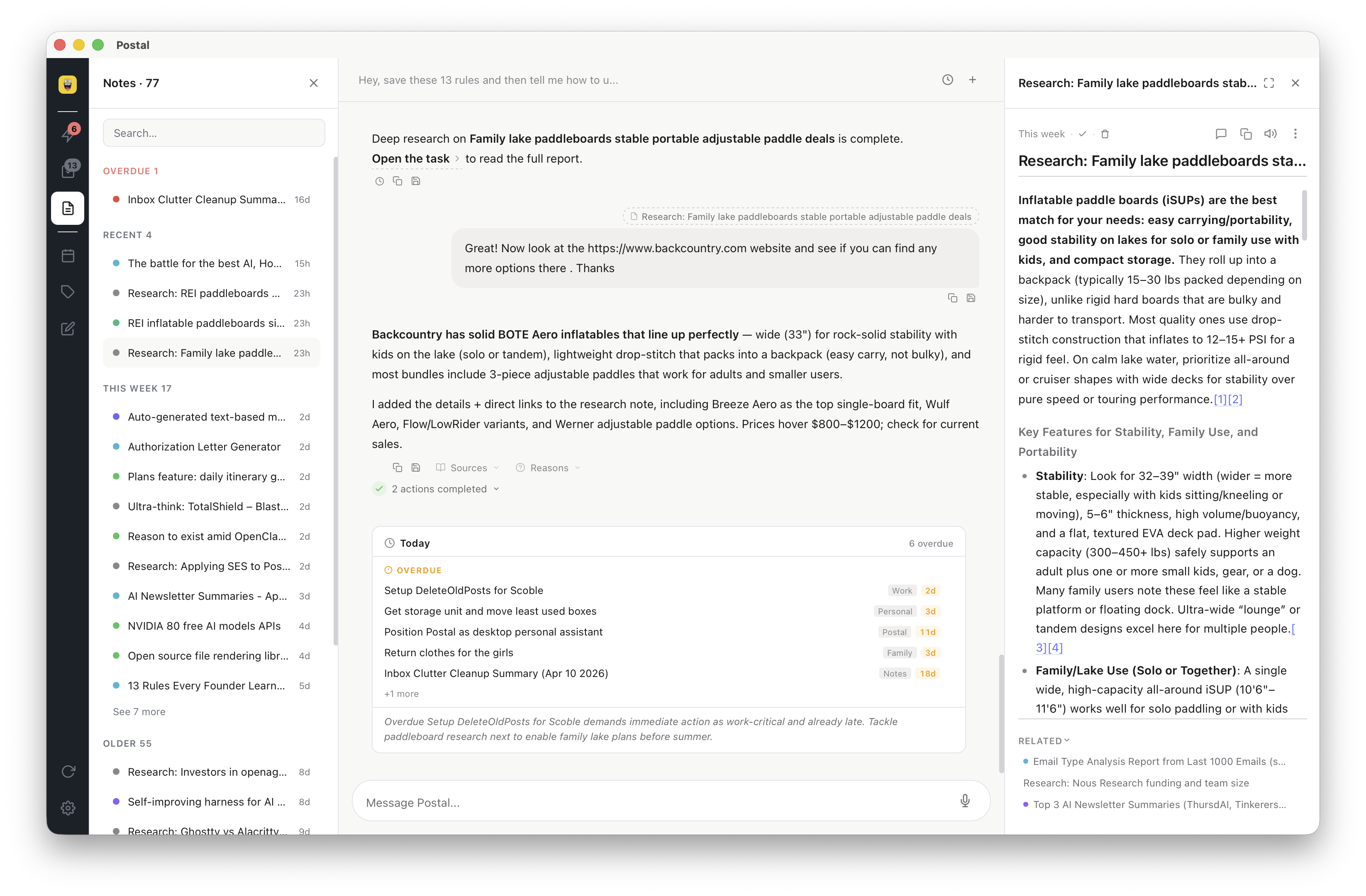Postal running as a native macOS app: chat on the left, tasks in the center, calendar on the right